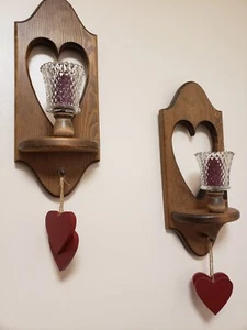 Pair of Vintage WOODEN HEART SCONCES Candle Wall Hangings 15" W/2 Hanging Hearts - Picture 1 of 21