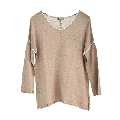 DEMOCRACY V-Neck Pullover Whipstitch Sweater Womens S Beige Relaxed BOHO Neutral - Image 1 of 4