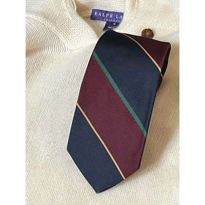Gravata polo Ralph Lauren listra diagonal de seda vintage borgonha verde marinho ouro - Imagem 1 de 4