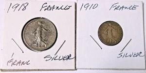 1910 50 Centimes ,Good, 1918 1 Franc ,Fine, France 2 Coins Silver .835 - Picture 1 of 2