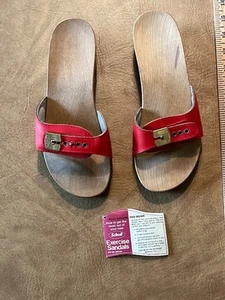 Vintage Dr. Scholls Original 1977 Holz Übung Sandalen rot Leder Damen 8 - Bild 1 von 21