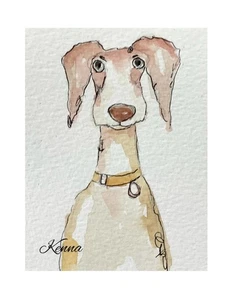 Aceo By Kenna 2.5” X 3.5”whimsy Dog Painting Original Signed Watercolour & Ink - Picture 1 of 5