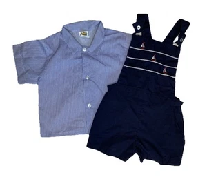 Vintage 90s Outfit Set Overalls & Shirt Nautical Sailboat Sailor 24 Months Blue - Picture 1 of 12