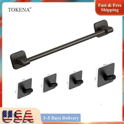 40CM Towel Bar With 4PCS Rook Hook Self Adhesive Wall Mounted Matte Black Bar - Изображение 1 из 4