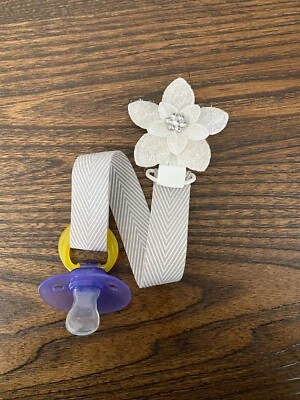 Spring Grey & White Flower Pacifier holder clip strap,binky,paci leash-Handmade - Image 1 of 2