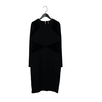Karen Millen Black Velvet Panel Mesh Sleeve Bodycon Pencil Dress - Size 12 - Image 1 of 4