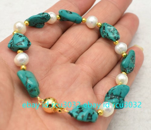 VALENTINO Bracciale 10x14mm irregolare verde turchese gemme e perle vere bianche 7 8mm 7 5''