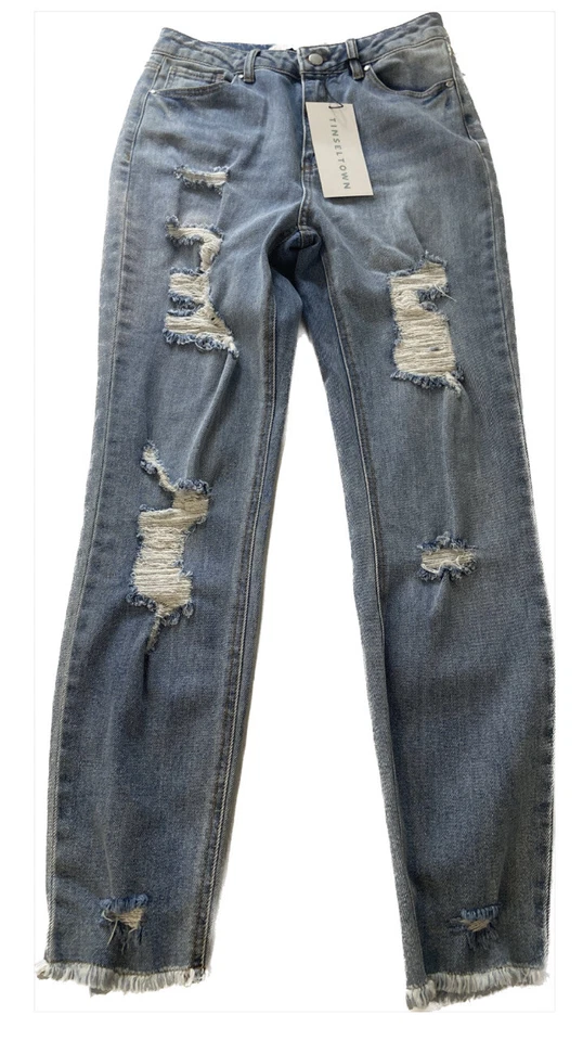 Tinseltown Sz 7 27x28 DESTRUCTED HIGH-RISE CROP MOM JEANS - VINTAGE WASH BLUE