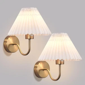 Gold Wall Sconces Sets of 2 Hardwired Wall Light Fixtures Pleated Fabric Shade - Picture 1 of 9