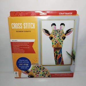 Rainbow Giraffe Cross Stitch Kit With Hoop 18 Count Complete Hinkler 45x30cm - Picture 1 of 9