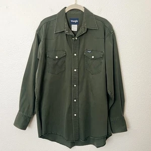 Camicia cowboy vintage anni 90 Y2K taglia grande L verde oliva denim perla bottoni a pressione - Foto 1 di 11