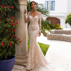 Champagne Mermaid Wedding Dresses Illusion Long Sleeves Lace Applique Bride Gown - Picture 1 of 9