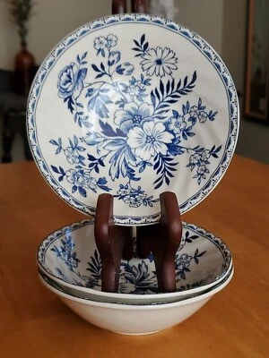 2009 Johnson Bros. England 6" Bowls DEVON COTTAGE Set of 3 Blue on White Florals - Image 1 of 4