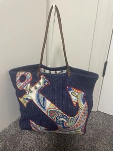 VERA BRADLEY Marina Paisley Large Straw Beach Anchor Shoulder Tote/Bag Leather - Picture 1 of 11