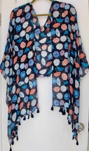Talbots Shawl Wrap Navy w/ Multicolor Umbrellas Tassels 100% Viscose 21x76 China - Picture 1 of 7