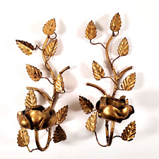 Pair Metal Wall Hanging Candle Holders Sconces Tole Gold Gilt Roses Leaves Italy