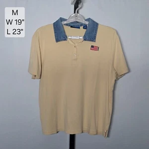 Karen Scott Sport Med Beige Cotton Polo Denim Collar American Flag Embroidered - Picture 1 of 7