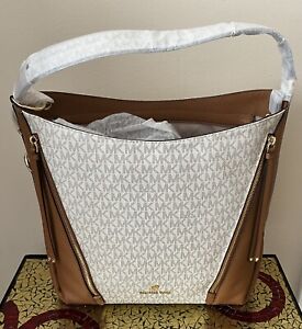 NWT Michael Kors Off White Brown Logo Brooklyn Large Hobo Shoulder Bag $458