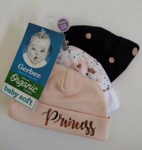 Gerber Baby Beanies Caps Girl 3 Pack 0-6 Month Organic Cotton New With Tags - Picture 1 of 1