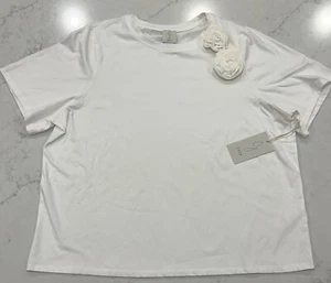 Joie Womens 1X White Round Neck Short Sleeve Tee T Shirt Top Rosettes Cotton NWT - Picture 1 of 7