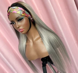 Dark Roots Ombre Grey Straight Headband Wigs 100% Human Hair Wigs Glueless  - Picture 1 of 9