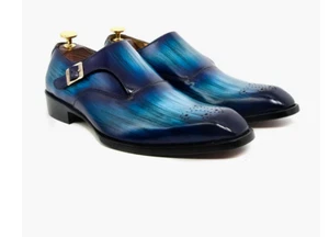 Men's Handmade BLUE Genuine Leather Slip On Casual Party Summer Dress Shoes - Picture 1 of 6