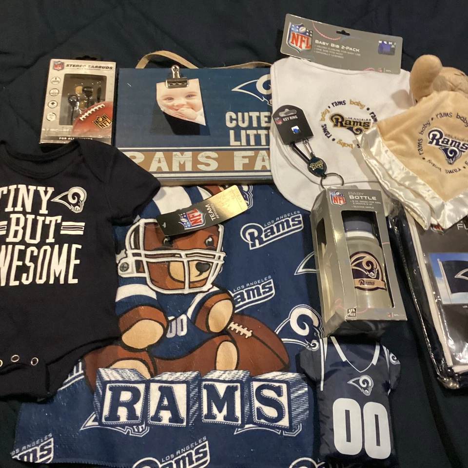 11 件 NFL 官方洛杉矶公羊队球迷包 0-3 紧身衣围兜旗帜标志爸爸 — 第 1/4 张图片