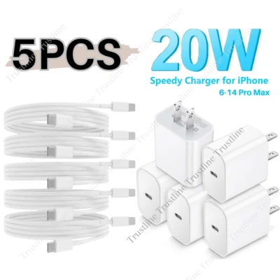 Lote de 5X Cable Adaptador Cargador Rápido 20W PD Tipo C USB C Para iPhone 14/13/12/11/8/X Foto 1 de 4
