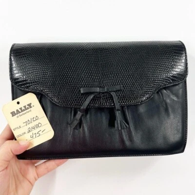 Bally Vintage Black Leather Clutch Purse Designer Bow Sleek Switzerland - Image 1 of 4