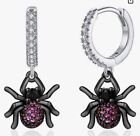 925 Sterling Silver Dangle Spider CZ Gothic Rock Small Hoop Huggie Earrings