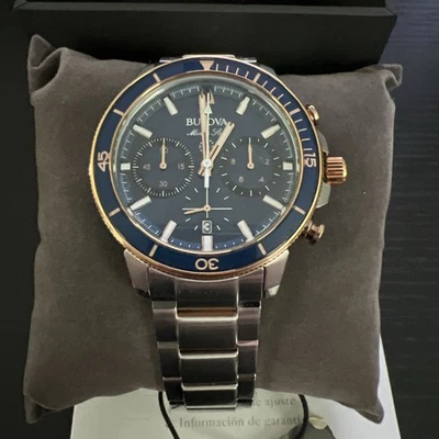 RELOJ CRONÓGRAFO BULOVA HOMBRE MARINE STAR AZUL COMPLETO NUEVO CON ETIQUETA Y CAJA - 98B301 Foto 1 de 4