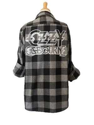 Ozzy Osbourne Women’s Black Gray Buffalo Plaid Flannel Shirt L Rock Metal Band - Image 1 of 4