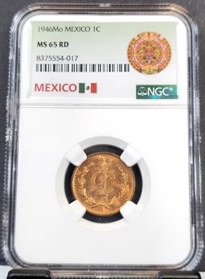 1946 MEXICO 1 CENTAVO 1C NGC MS 65 RD BEAUTIFUL RARE GEM BU FULL RED - Image 1 of 3