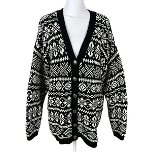 Vtg Gap M Black Fair Isle Button Grandpa Knit Cardigan Sweater Heavy Oversized - Picture 1 of 13