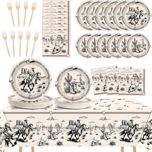 98Pcs Cowboy Birthday Paper Plates Napkins Tablecloth for Western Party Decor... - Picture 1 of 7
