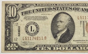 1934 A $10 Dollar Emergency Issue Hawaii Overprint Note FR#2303 d028 - Picture 1 of 4