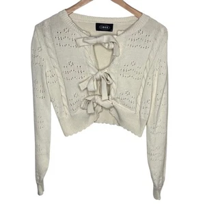 Cider Beige 3 Tie Front Cable Knit Cropped Cardigan Women Size M - Picture 1 of 3