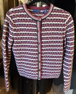 Vintage Karen Scott 100% Lambswool Cardigan Sweater Pink Striped Size M - Picture 1 of 5