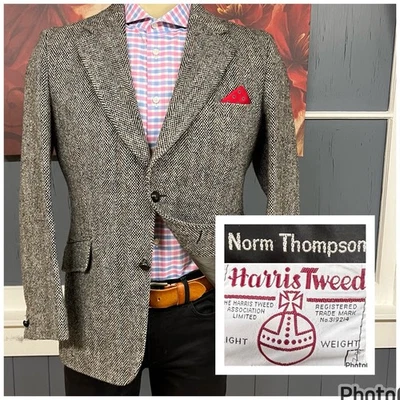 VTG Harris Tweed Norm Thompson Blazer Mens 40R Slim Fit Herringbone Gray/Orage - Image 1 of 4