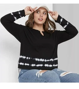Wild Fable Long Sleeve Tee V-Neck Notch Cropped Black Tie-Dye Size Small - Picture 1 of 1