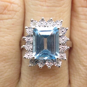 925 Sterling Silver Real Diamond Accent & Emerald-Cut Blue Topaz Ring Size 7.25 - Picture 1 of 7