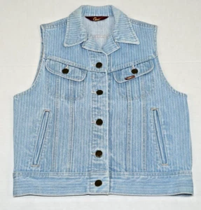 Vintage Jean Vest Ms Lee Size S/M 80s Blue White Stripe Bronze Button Made USA - Picture 1 of 9