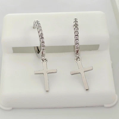 Solid 925 Sterling Silver Sparkling Omega Hoop Earrings With Cross Dangle - Image 1 of 4