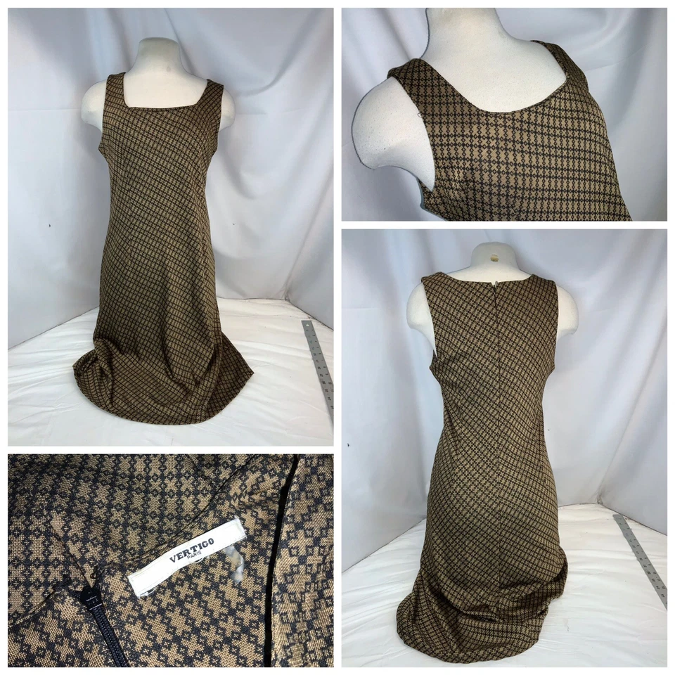 "Vestido Vertigo Paris sin mangas XS marrón negro poli 36"" largo como nuevo YGI J0-370" Foto 1 de 4