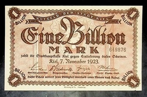 1923 Germany KIEL 1 Trillion / 1.000.000.000.000 Mark Banknote UNC - Picture 1 of 2