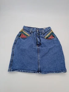 USA Zena Denim Skirt Womens Size 7/8 Blue Back Slit Vintage Colorblock - Picture 1 of 9