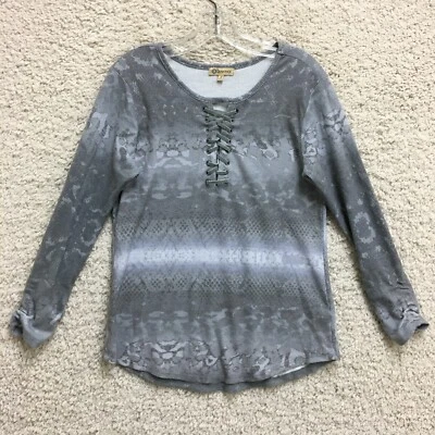 Democracy Top Shirt Small Adult Gray Snakeskin Lace Up Stretch Casual Womens S - Image 1 of 4