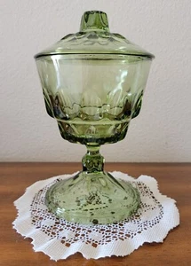 Green Glass Thumprint Candy Dish w/Lid. Pedestal 8.5" Tall. Vintage MCM. H.A.? - Picture 1 of 6