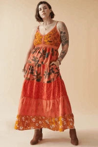 Earthbound Patch Tier Maxi Dress Women XL Orange Sleeveless Boho Colorful NWT #H - Picture 1 of 11