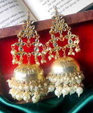 Bollywood Style Gold Plated Indian Kundan Earrings Light Jhumka Jewelry Set